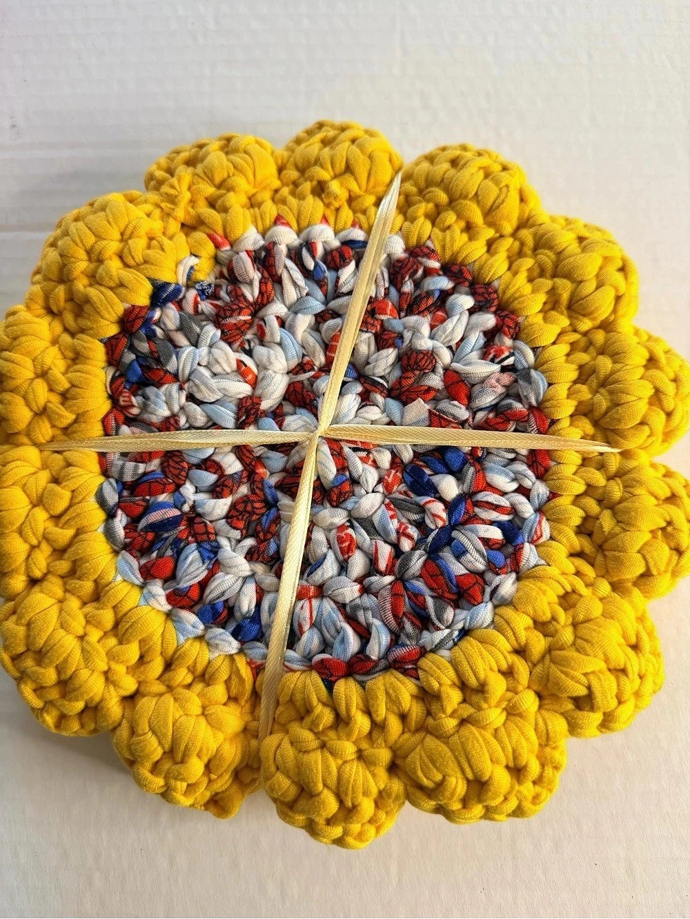 Handmade Crochet Sunflower Trivet Hot Pad T-Shirt Yarn Potholder Coaster Gift